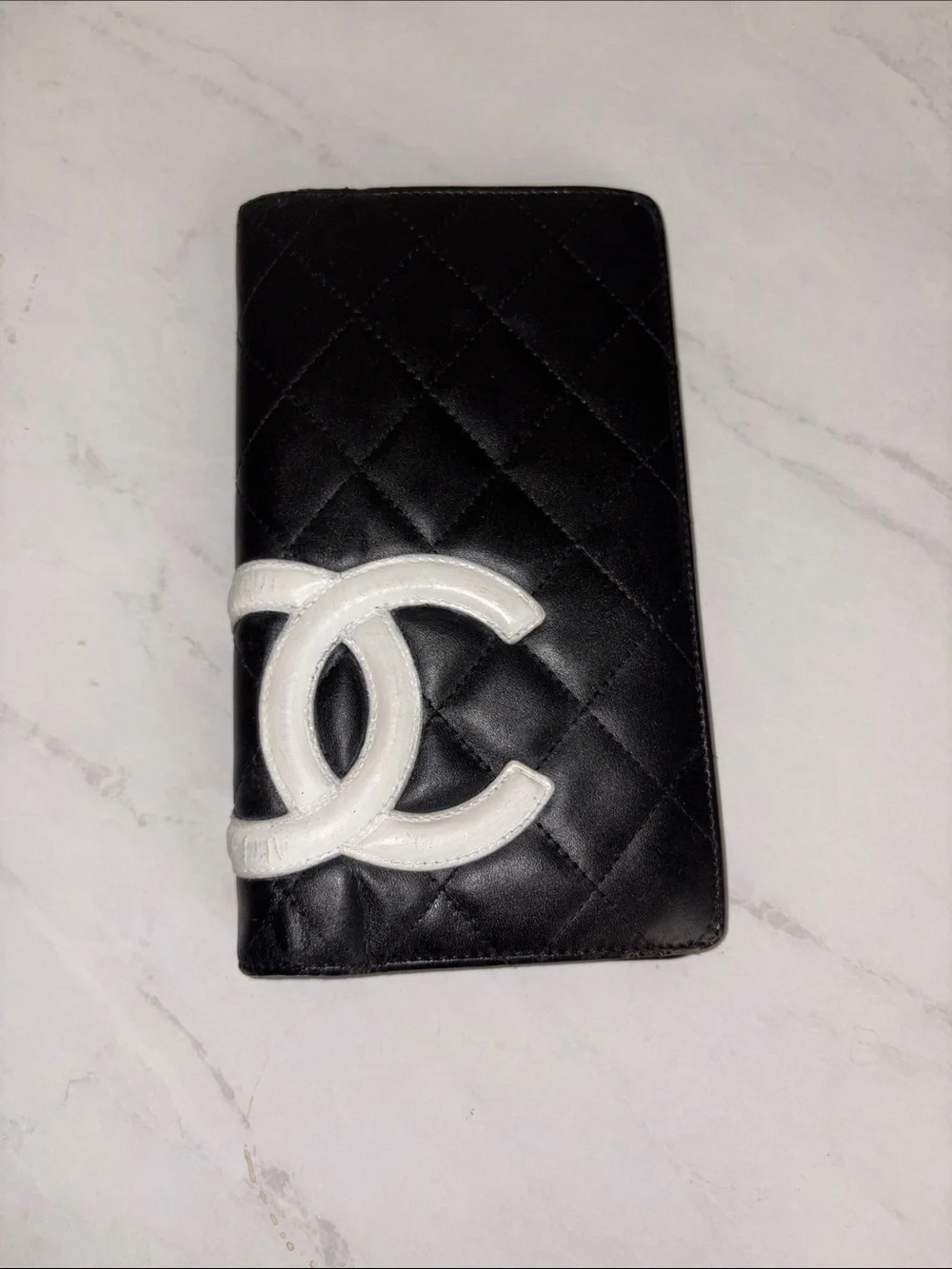 CHANEL Cambon Black Quilted Leather Long Wallet - White CC Logo